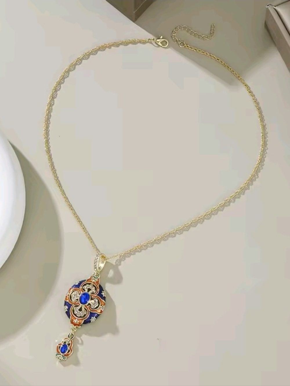 Vintage Gold-Tone Blue and Orange Enamel Pendant Necklace - Picture 7 of 7